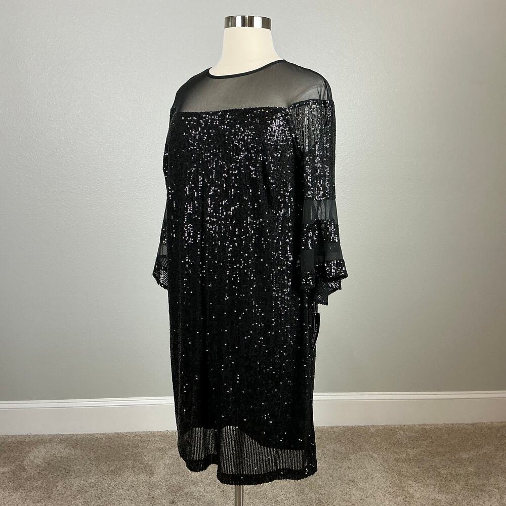 R&M Richards Black Cocktail Dress Sequined Long Sleeve Midi Shift Size 16W - Picture 5 of 13